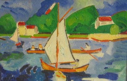 PONS JEAN (1913-2005) Promenade en barque huile sur toile, signée en bas à gauche,...