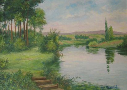 RENAULT ABEL 1903-1992 Paysage de bord de rivière huile sur toile, 46 x 33 cm.
