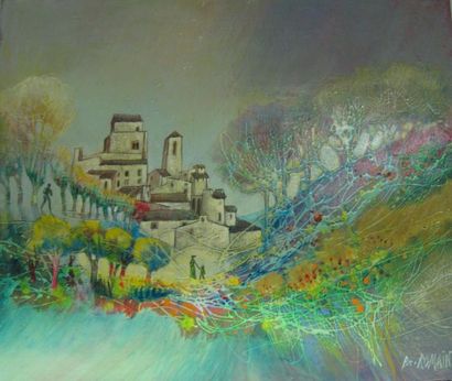 ROMAIN BERNARD, NÉ EN 1944 Paysage imaginaire peinture sur toile, signée en bas à...