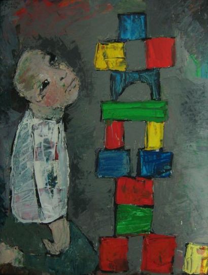 ROUX CHANTAL, NÉE EN 1949 L'enfant au jeu de cube huile sur carton, signé en haut...