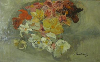 SAUTRENOY E., XXE SIÈCLE Bouquet au fond gris huile sur toile (restaurations), signée...
