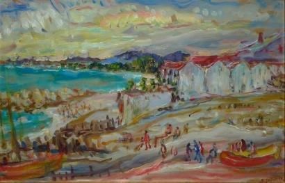 SOURDILLON BERTHE, 1895-1976 La plage huile sur carton marouflé sur toile, signé...