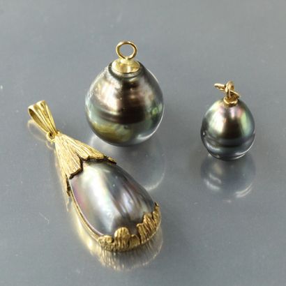 null 
Lot comprenant deux pendentifs en or jaune 18k (750) serti de perles de Tahiti. 

Poids...