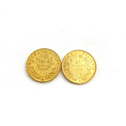  Two gold coins of 20 francs Napoleon III bare head. 
1859 BB (x2) 
 
BB : Strasbourg...
