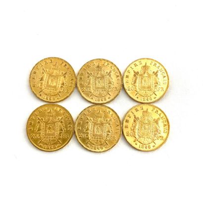  Six gold coins of 20 francs Napoleon III head laurel. 
1868 BB (x6) 
 
BB : Strasbourg...