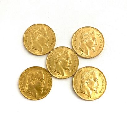 null Cinq pièces en or de 20 francs Napoléon III tête laurée.

1866 BB (x5) 



BB...
