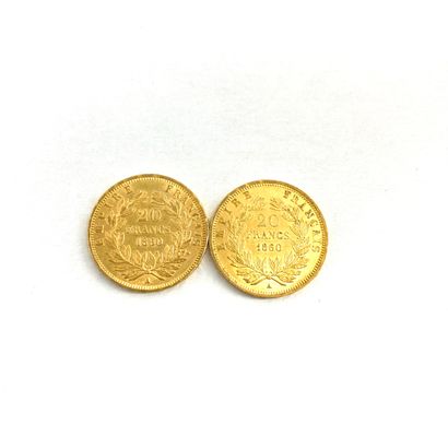 null Deux pièces en or de 20 francs Napoléon III tête nue.

1860 A (x2) 



A : atelier...