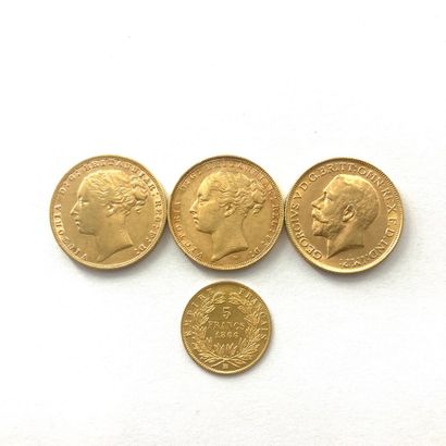  Lot de trois souverains (1876 ; 1883 & 1911) en or et une pièce de 5 francs 1866...