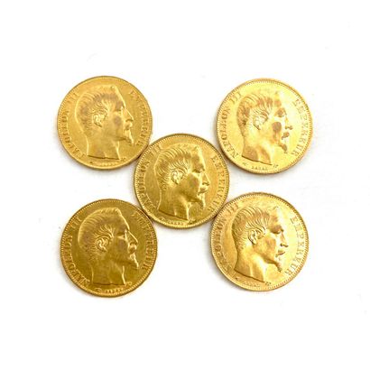  Five gold coins of 20 francs Napoleon III bare head. 
1858 A (x5) 
 
A : Paris workshop....