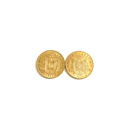  Two gold coins of 20 francs Napoleon III head laurel. 
1864 A (x2) 
 
A : Paris...