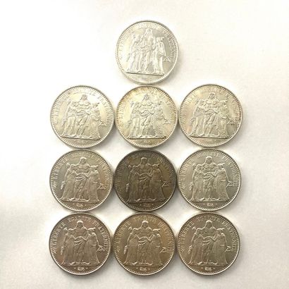  Dix pièces en argent de 10 francs de type Hercule. Différents millésimes. 
Poids...