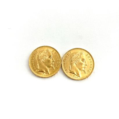  Deux pièces en or de 20 francs Napoléon III tête laurée. 
1866 A (x2) 
 
A : atelier...