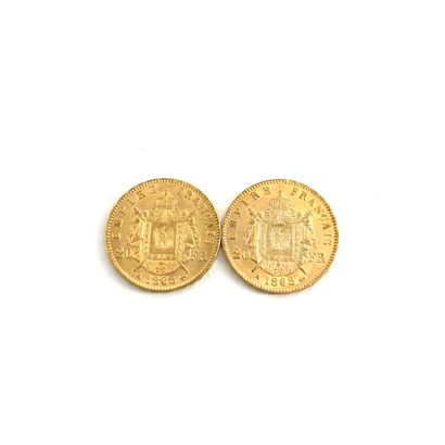  Deux pièces en or de 20 francs Napoléon III tête laurée. 
1868 A (x2) 
 
A : atelier...