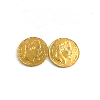  Two gold coins of 20 francs Napoleon III head laurel. 
1867 A (x2) 
 
A : Paris...