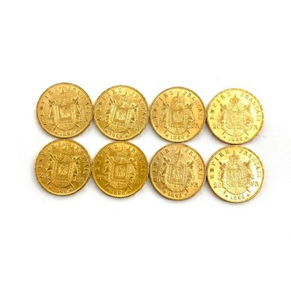 null Huit pièces en or de 20 francs Napoléon III tête laurée.

1866 BB (x8) 



BB...