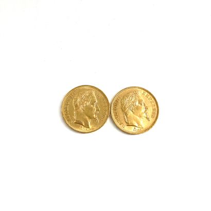 Two gold coins of 20 francs Napoleon III...