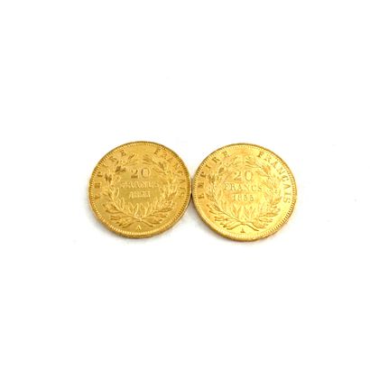 null Deux pièces en or de 20 francs Napoléon III tête nue.

1855 A (x2) 



A : atelier...