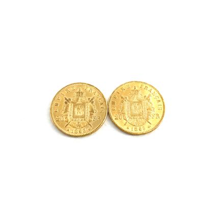  Deux pièces en or de 20 francs Napoléon III tête laurée. 
1863 A (x2) 
 
A : atelier...
