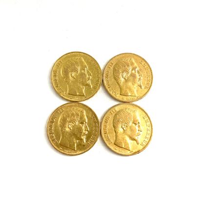Four gold coins of 20 francs Napoleon III...