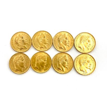  Huit pièces en or de 20 francs Napoléon III tête laurée. 
1866 BB (x8) 
 
BB : atelier...