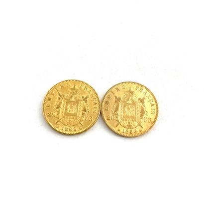  Two gold coins of 20 francs Napoleon III head laurel. 
1863 BB (x2) 
 
BB : Strasbourg...