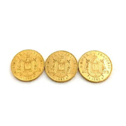  Trois pièces en or de 20 francs Napoléon III tête laurée. 
1865 A (x3) 
 
A : atelier...