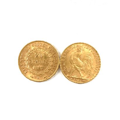  Deux pièces de 20 francs en or : 
-	Génie 1887 A (atelier Paris) 
-	Coq 1905 
Poids...