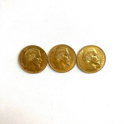 null Trois pièces en or de 20 francs Napoléon III tête nue.

1859 A (x3) 



A :...