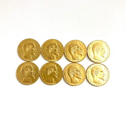  Huit pièces en or de 20 francs Napoléon III tête nue. 
1854 A (x8) 
 
A : atelier...