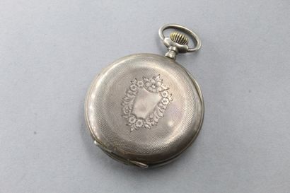 null 
Silver pocket watch, the bowl guilloche and flanked by a blind cartouche in...