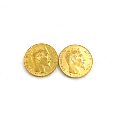  Deux pièces en or de 20 francs Napoléon III tête nue. 
1859 BB (x2) 
 
BB : atelier...