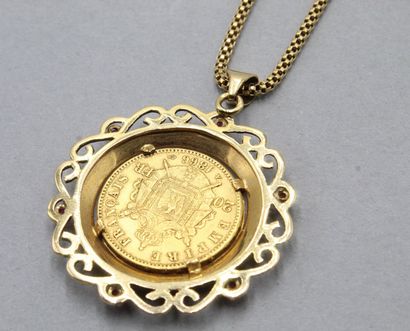  Gold coin of 20 francs Napoleon III head laurel (1866 A) mounted in pendant surrounded...