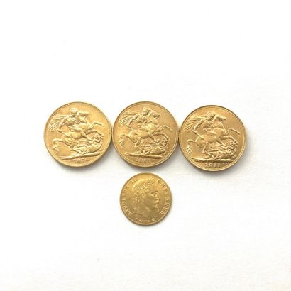  Lot de trois souverains (1876 ; 1883 & 1911) en or et une pièce de 5 francs 1866...
