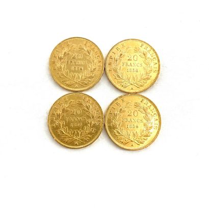 null Four gold coins of 20 francs Napoleon III bare head.

1856 A (x4) 



A : Paris...