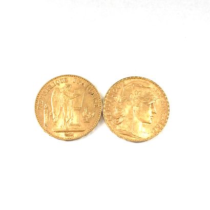 null Two 20 franc gold coins :

- Genie 1887 A (Paris workshop)

- Rooster 1905

Weight...