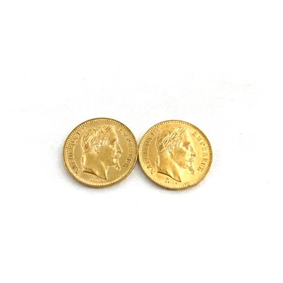 Two gold coins of 20 francs Napoleon III...