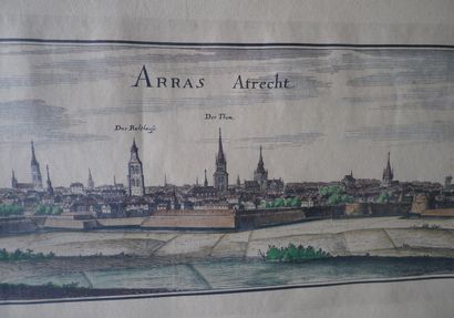 null ARRAS gravure colorisée panoramique de la ville au XVIIème, d'après Buno Delineaut...