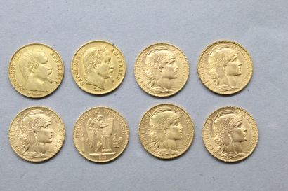 Lot de huit pièces en or de 20 francs comprenant...