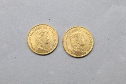 Lot de 2 pièces en or de 10 Gulden Wilhelmina...