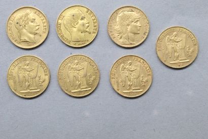 Lot de sept pièces en or de 20 francs comprenant...