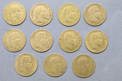 Lot de onze pièces en or de 10 francs comprenant...