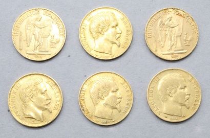 null Lot de 6 pièces en or comprenant :

- 2 x 20 Francs Napoléon III tête nue 1854...