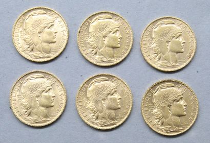 null Six pièces en or de 20 francs Coq.

1903 (x1) - 1904 (x1) - 1907 (x1) - 1912...