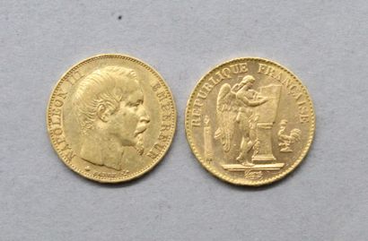 null Deux pièces en or de 20 francs :

- Napoléon III tête nue 1855 BB.

- Génie...