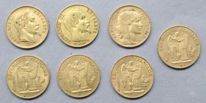 null Lot de sept pièces en or de 20 francs comprenant : 

- Napolèon III tête nue...