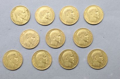 null Lot de onze pièces en or de 20 francs Napoléon III tête nue (2 x 1852A ; 1853...