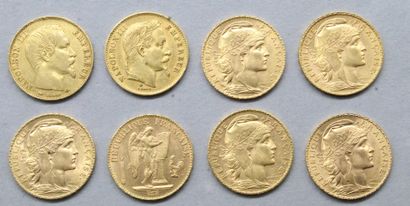 null Lot de huit pièces en or de 20 francs comprenant : 

- Napoléon III tête nue...