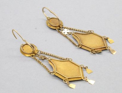 null 
Paire de pendants d'oreilles en or jaune 18k (750) ornés de camés. 




Travail...