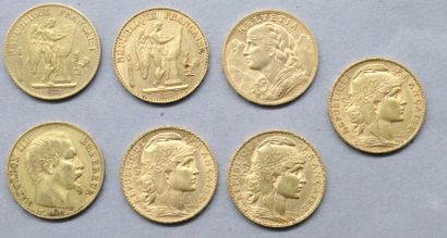 null Lot de sept pièces en or de 20 francs comprenant : 

- Napoléon III tête nue...