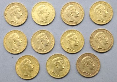 null Lot of eleven 20 Mark Wilhelm II gold coins (1899 A x2, 1900 A, 1901 A x2, 1904...